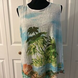 J. Jill White and Blue Linen Top, Women, Medium, Tropical vacay, Beach, Chill